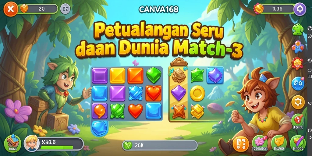 Screenshot utama CANVA168 menampilkan gameplay Match-3 yang seru dan penuh warna.