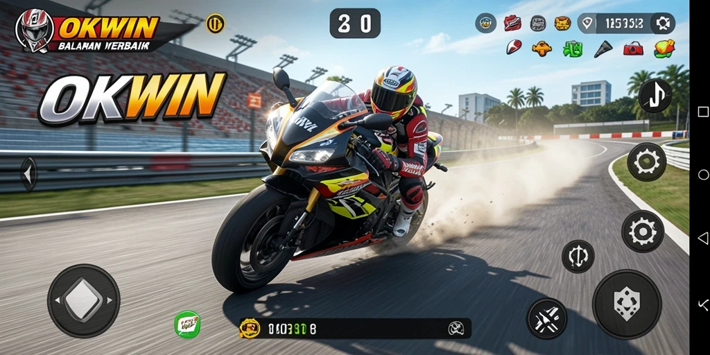 Screenshot OKWIN menampilkan aksi balapan motor yang seru dan mendebarkan.