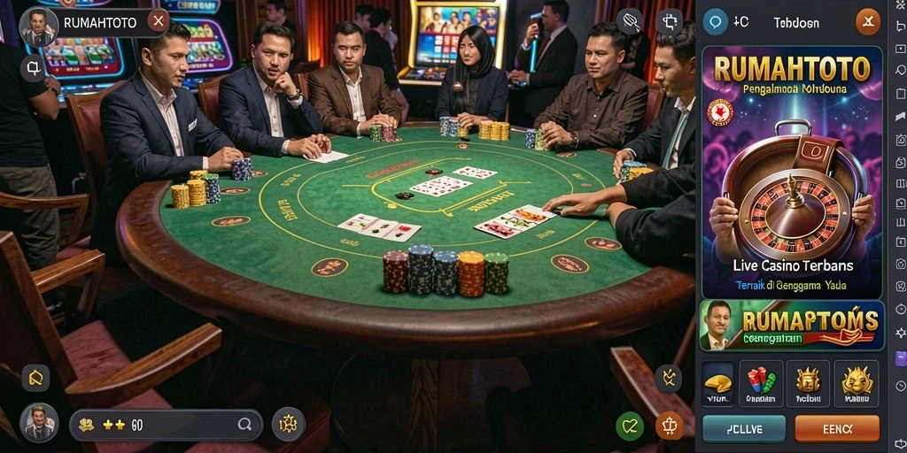 Screenshot RUMAHTOTO menampilkan dealer live dan gameplay seru di Live Casino.